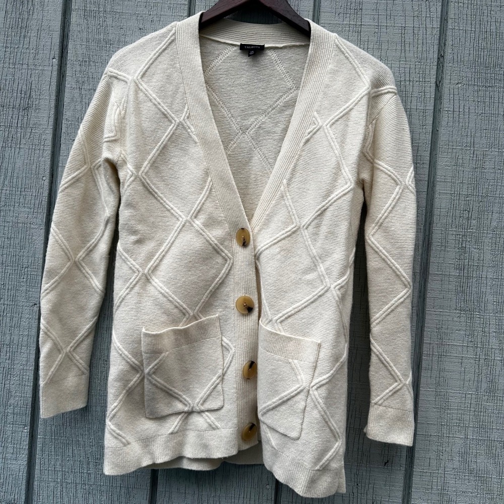 Talbots‎ Cream Diamond Knit Cardigan Lambs Merino Cashmere Blend Big Buttons XS